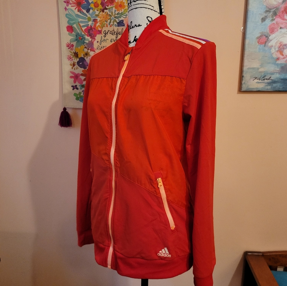 Adidas Women's Red Track Jacket, Orange, White & Purple Detail, Pockets, EUC, M